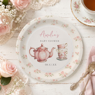Assiettes En Carton Théière florale et tasses à thé Rose Baby Shower