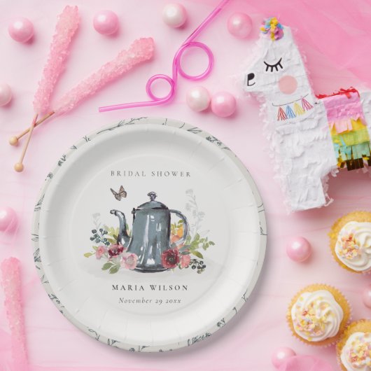 Assiettes En Carton Théière Florale Roses Joyeuses Mignonnes Réception (Fête)