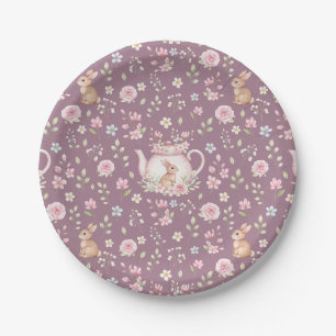 Assiettes En Carton Théière Lapin Fantaisiste Motif Floral de Printemp