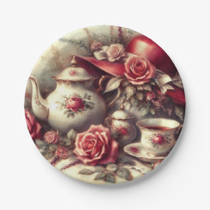 Assiettes En Carton Théière Rose Rouge Fête de Thé Vintage 