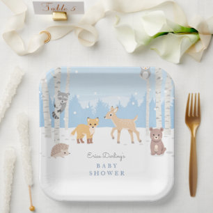 Assiettes En Carton Thème baby shower Woodland   forêt d'hiver