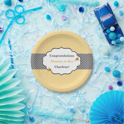 Assiettes En Carton Thème d'abeille Honeycomb Or & Gris Polka Dot (Fête)