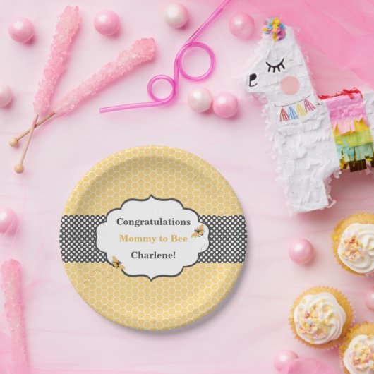 Assiettes En Carton Thème d'abeille Honeycomb Or & Gris Polka Dot (Fête)