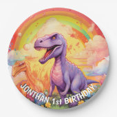 Assiettes En Carton Thème d'anniversaire des dinosaures arc-en-ciel (Devant)