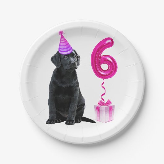 Assiettes En Carton Thème de chiot 6e anniversaire - mignon chien rose (Devant)
