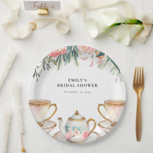 Assiettes En Carton Thème Élégant de Fête de Thé Floral pour une Marié