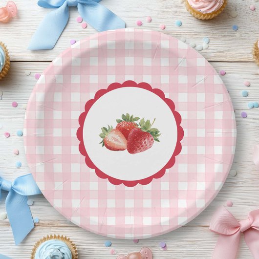 Assiettes En Carton Thème gingham rose-fraise