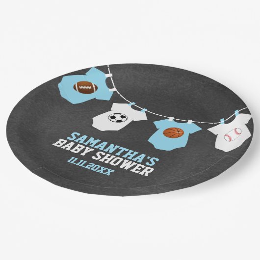 Assiettes En Carton Thème sportif Chalkboard Blue Boy Baby shower (Angle)
