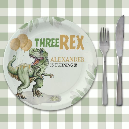 Assiettes En Carton Three Rex - Birthday Boy 3rd with Dinosaur Theme