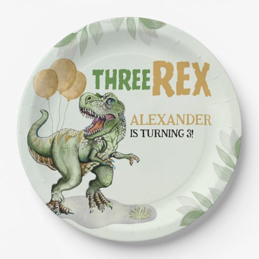 Assiettes En Carton Three Rex - Birthday Boy 3rd with Dinosaur Theme (Devant)