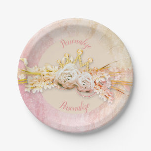 Assiettes En Carton Tiara diamant bouquet floral rose or girly mignonn