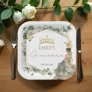 Assiettes En Carton Tiara florale papillon vert sauge Quinceañera