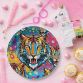 Assiettes En Carton Tiger Head Rainbow colors paint stains (Fête)