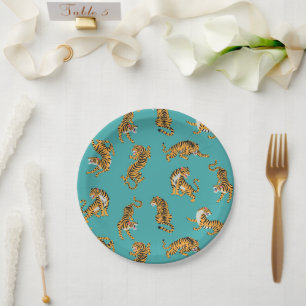 Assiettes En Carton Tiger sur Motif Turquoise