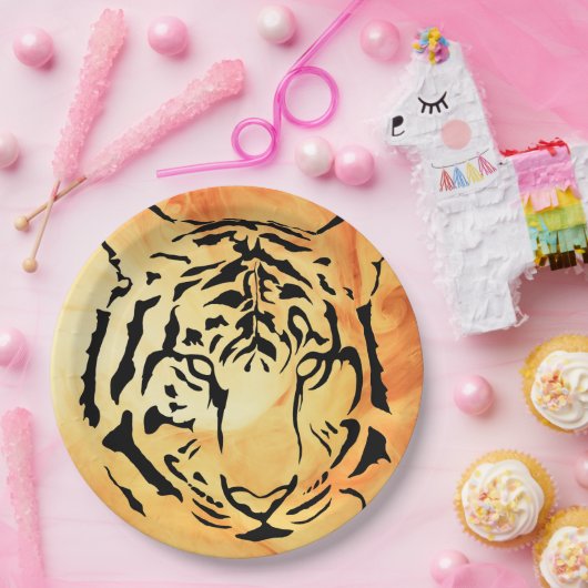 Assiettes En Carton Tigre à rayures noires sur orange vif (Fête)