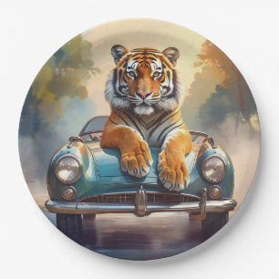 Assiettes En Carton Tigre assis sur une voiture de sport