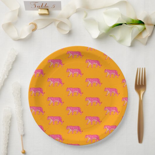 Assiettes En Carton Tigre rose chaud sur Motif orange gras (Mariage)