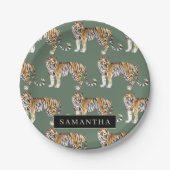 Assiettes En Carton Tigres d'aquarelle verte tropicale Motif avec nom (Devant)