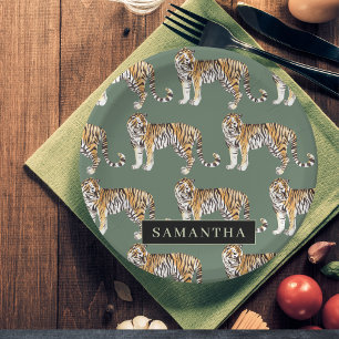 Assiettes En Carton Tigres d'aquarelle verte tropicale Motif avec nom