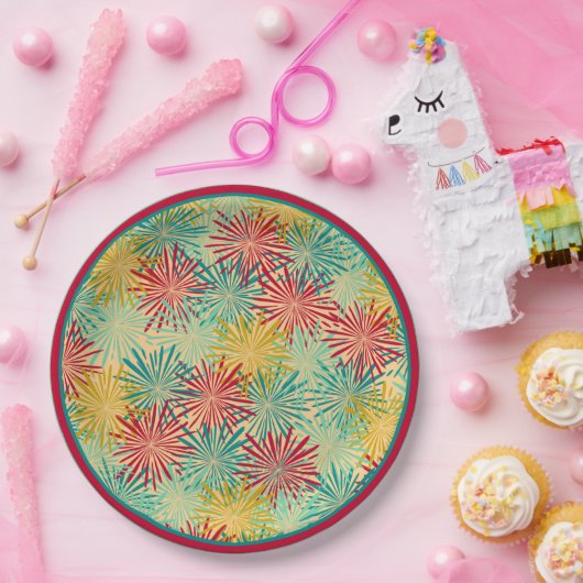 Assiettes En Carton Tinsel de Noël rétro PomPoms (couleurs tropicales) (Fête)