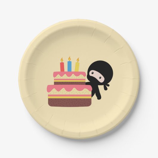 Assiettes En Carton Tiny Ninja Derrière le gâteau d'anniversaire Jaune (Devant)