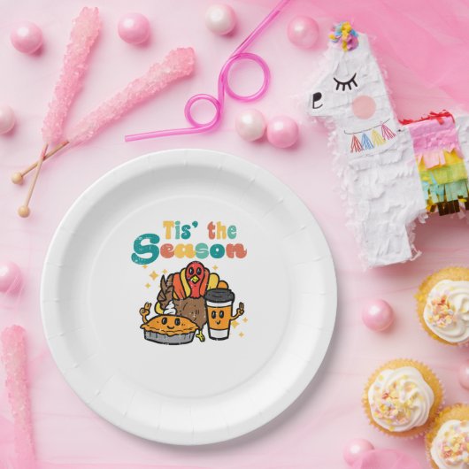 Assiettes En Carton Tis The Season Turkey Coffee Retro Thanksgiving Fa (Fête)