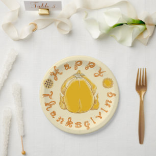 Assiettes En Carton Tissu Joyeux Thanksgiving Police Dinde et 2 Tartes