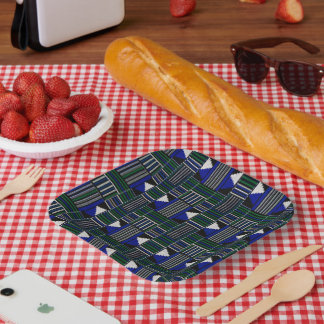 Assiettes En Carton Tissu Kente bleu et vert de style africain