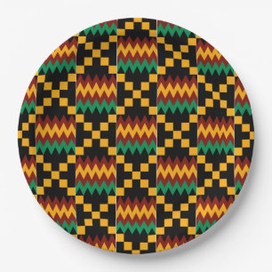 Assiettes En Carton Tissu Kente noir, vert, rouge et jaune