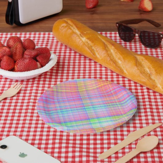 Assiettes En Carton Tissu Plaid Pastel Multicolor (Pique-nique)