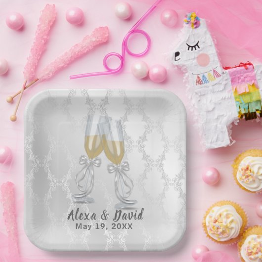 Assiettes En Carton Toast mariage Champagne Sur Damas (Fête)