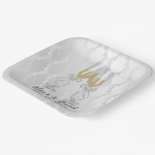 Assiettes En Carton Toast mariage Champagne Sur Damas (Angulaire)