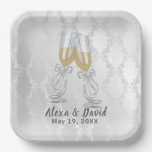 Assiettes En Carton Toast mariage Champagne Sur Damas (Recto)