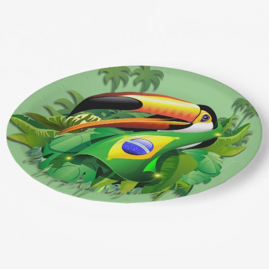Assiettes En Carton Toco Toucan avec Cravate du drapeau brésilien (Angle)