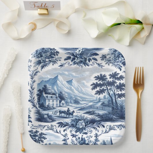 Assiettes En Carton Toile Bleue Pays Français (Mariage)