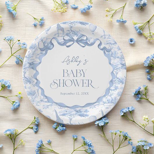 Assiettes En Carton Toile de Jouy Baby shower bleu Safari Animaux