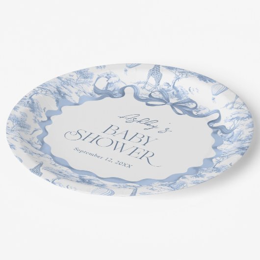 Assiettes En Carton Toile de Jouy Baby shower bleu Safari Animaux (Angle)