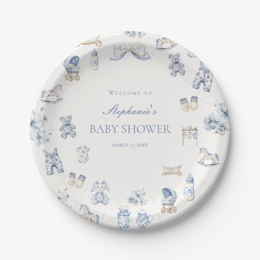 Assiettes En Carton Toile De Jouy Baby Shower Blue Bow Boy (Devant)