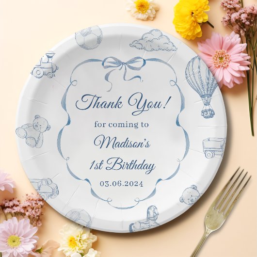 Assiettes En Carton Toile De Jouy Blue Bow Birthday Party