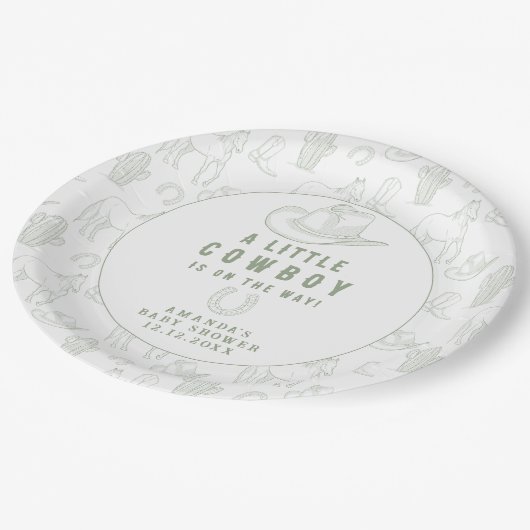 Assiettes En Carton Toile de Jouy Green Cowboy Baby shower occidental (Angle)