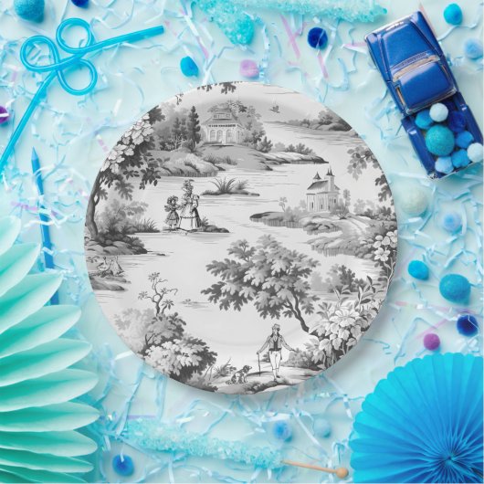 Assiettes En Carton Toile de jouy, noir et blanc, porcelaine, (Fête)