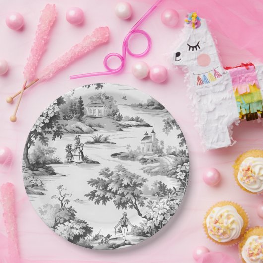 Assiettes En Carton Toile de jouy, noir et blanc, porcelaine, (Fête)