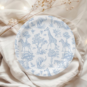 Assiettes En Carton Toile de Jouy Safari animaux Baby shower bleu