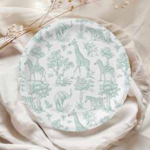 Assiettes En Carton Toile de Jouy Safari animaux Baby shower vert