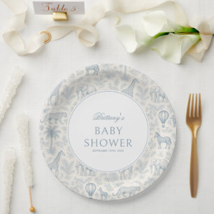 Assiettes En Carton Toile De Jouy Safari Animaux Blue Boy Baby shower