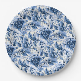 Assiettes En Carton Toile française & toile de Jouy. Bleu.