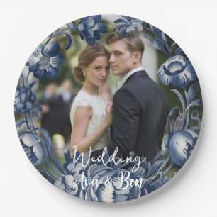 Assiettes En Carton Toile Vintage bleu Mariage Floral