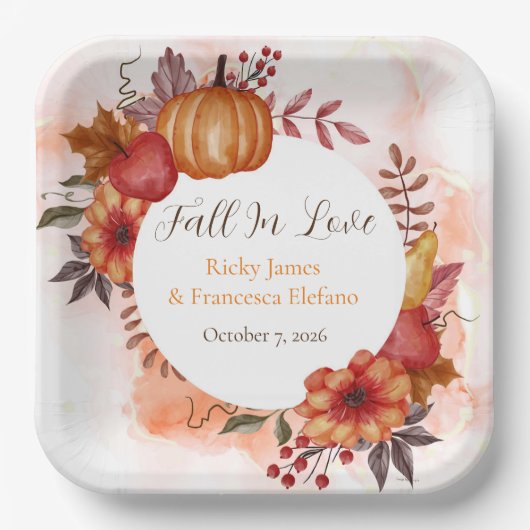 Assiettes En Carton Tomber dans l'amour Automne Citrouille Fiançailles (Recto)