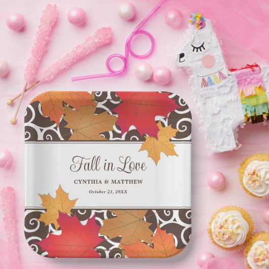 Assiettes En Carton Tomber dans l'amour Automne Feuilles Mariage Monog (Fête)