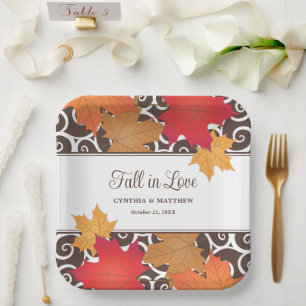 Assiettes En Carton Tomber dans l'amour Automne Feuilles Mariage Monog